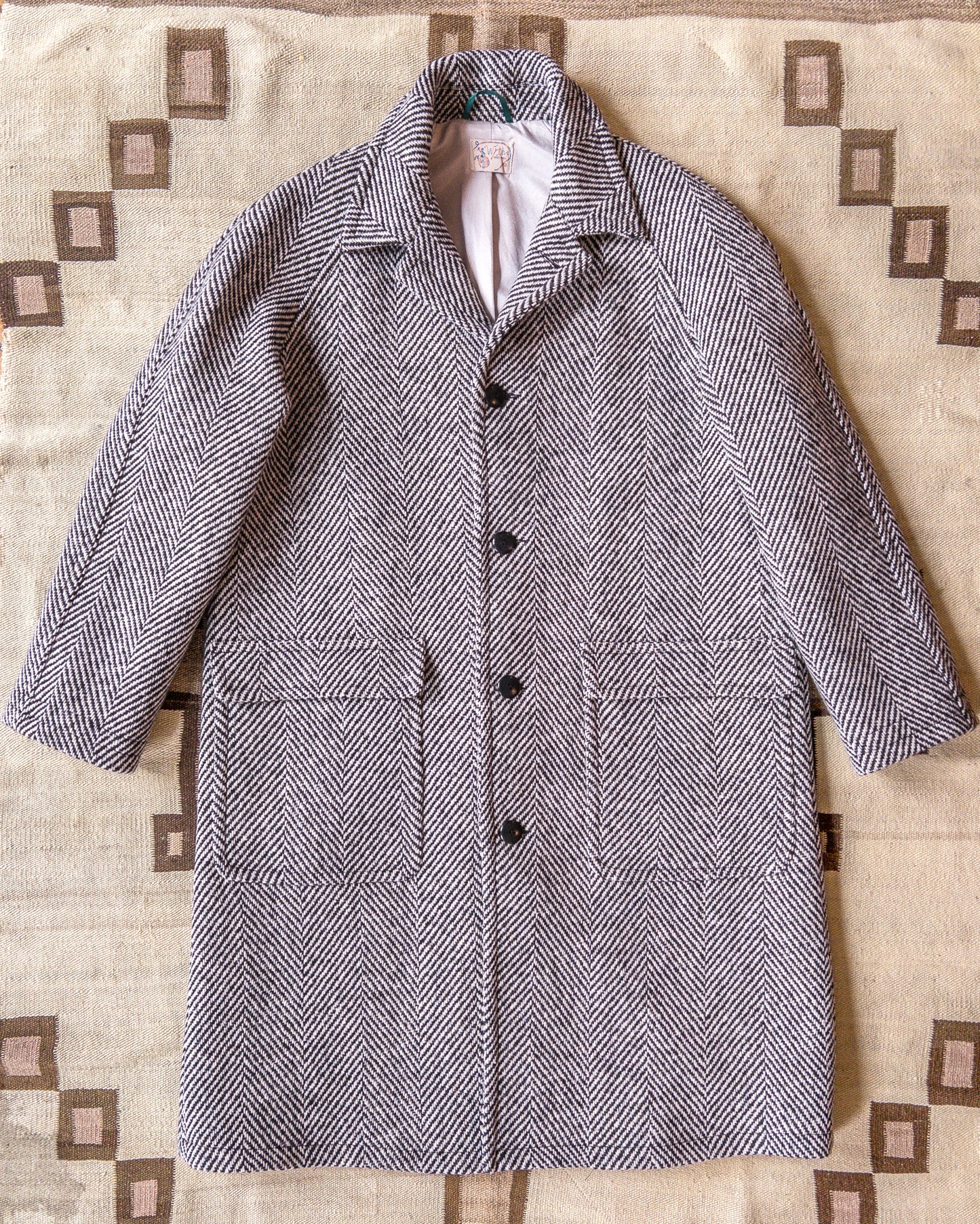 Raglan Wool Overcoat - Black/Cream Herringbone Tweed