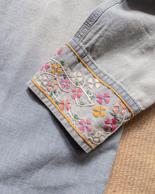 Embroidered Chambray Workshirt - Distressed and Sunfaded Indigo