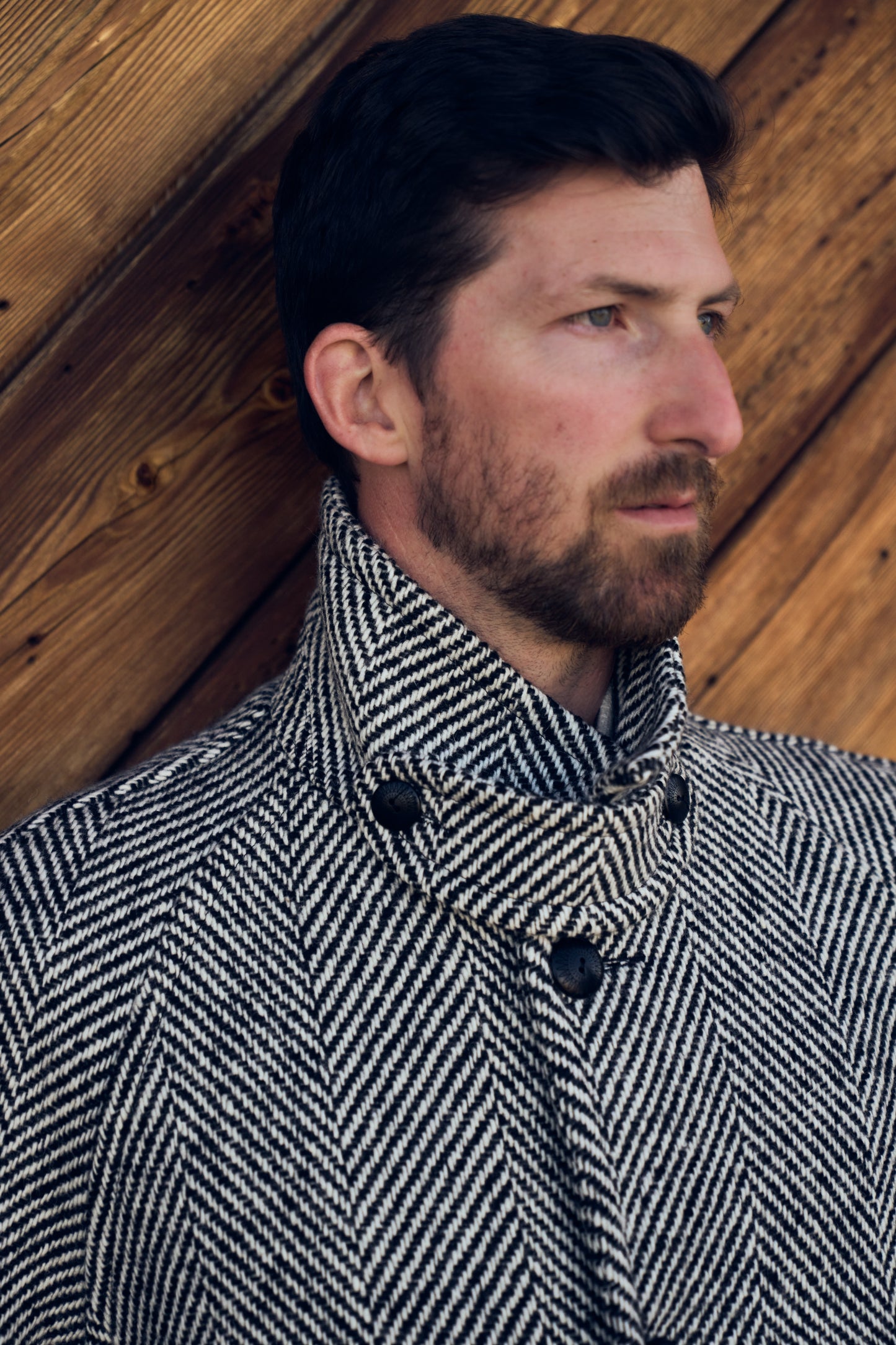 Raglan Wool Overcoat - Black/Cream Herringbone Tweed