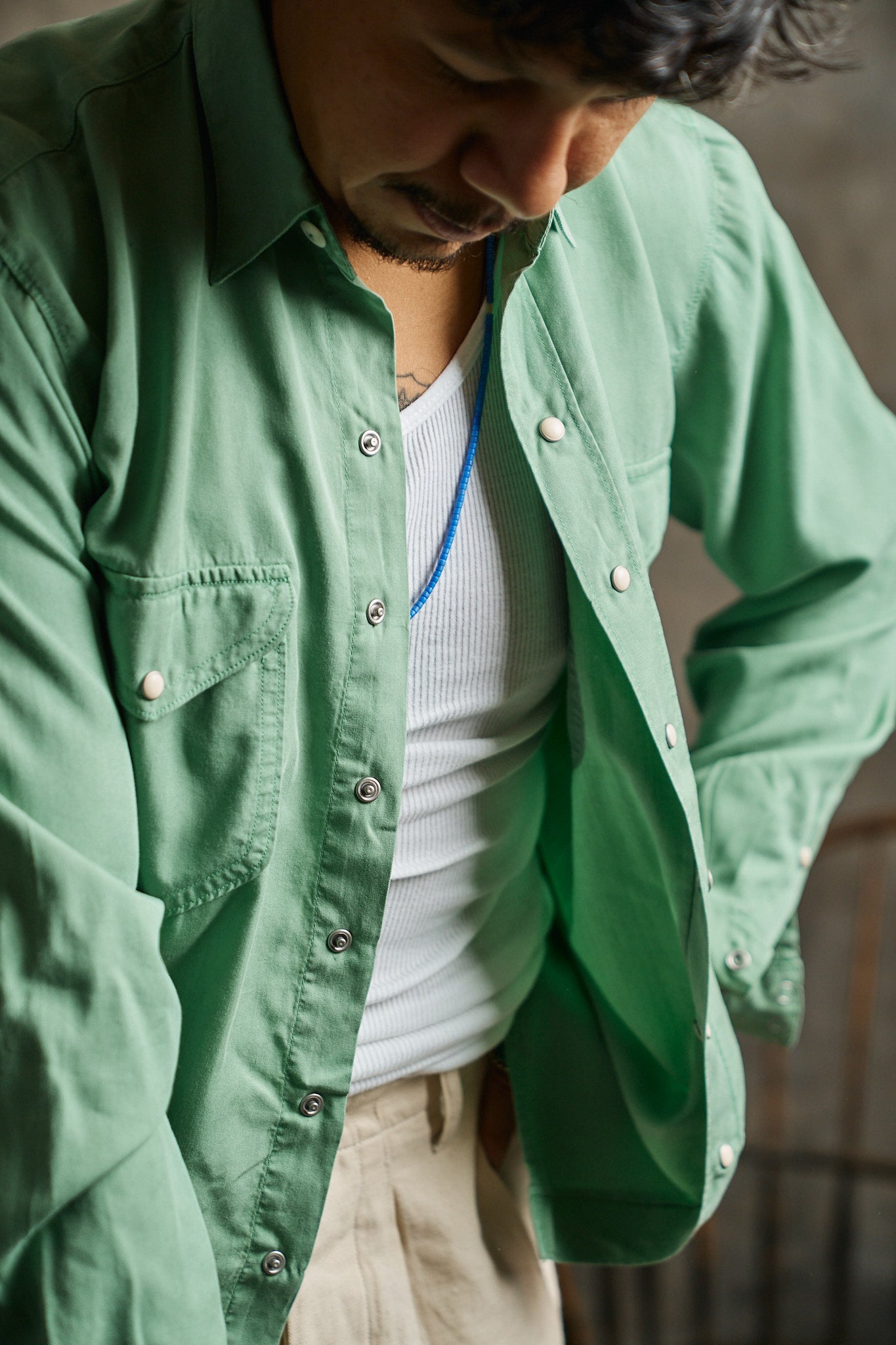 Tencel Gabardine Pearlsnap Shirt - Celadon