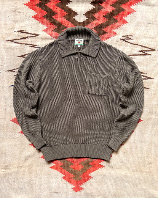 Moss Stitch Collared Sweater - Dusty Olive