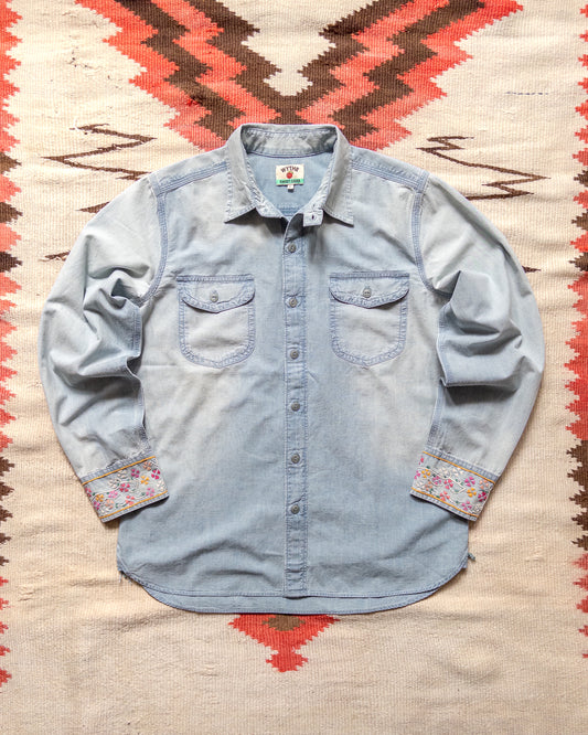 Embroidered Chambray Workshirt - Distressed and Sunfaded Indigo