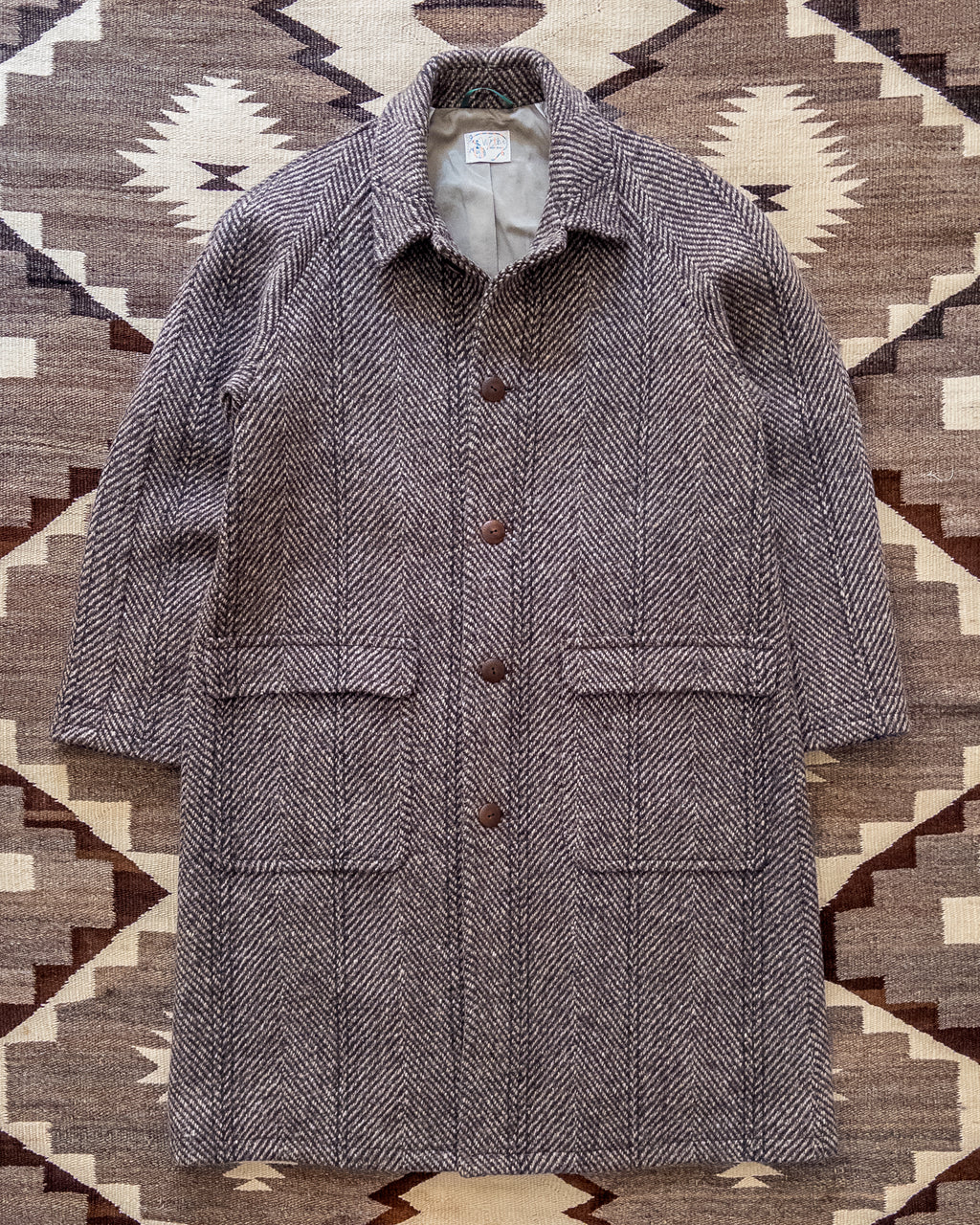 Raglan Overcoat - Grey/Brown Herringbone Deco Stripe Tweed