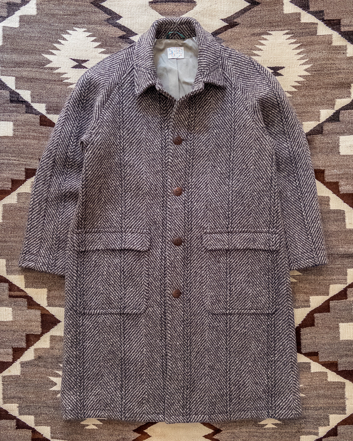 Raglan Overcoat - Grey/Brown Herringbone Deco Stripe Tweed
