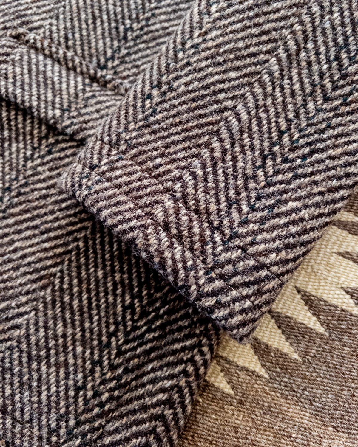 Raglan Overcoat - Grey/Brown Herringbone Deco Stripe Tweed