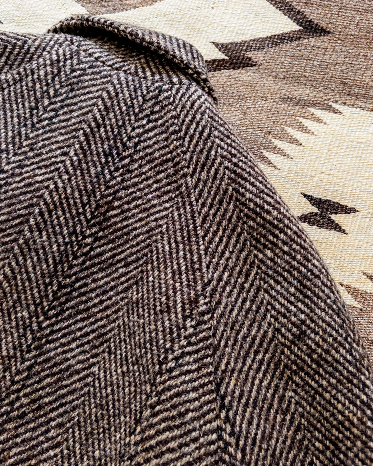 Raglan Overcoat - Grey/Brown Herringbone Deco Stripe Tweed