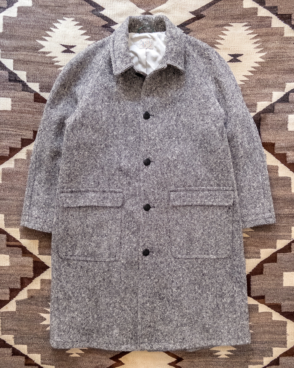 Raglan Overcoat - Black/Cream Slub Donegal Tweed