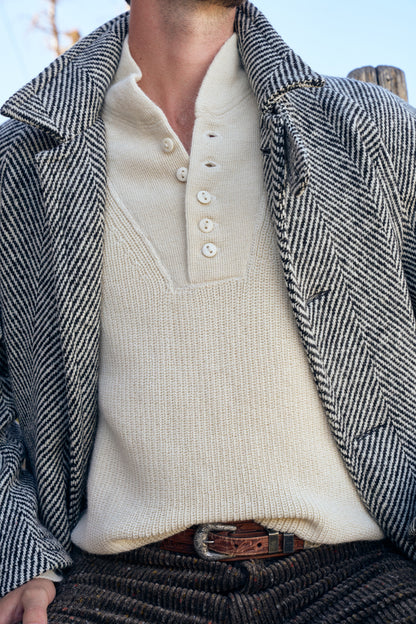 Raglan Wool Overcoat - Black/Cream Herringbone Tweed