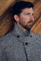 Raglan Wool Overcoat - Black/Cream Herringbone Tweed