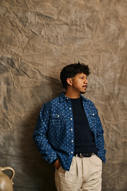 Indigo Discharge Diamond Flannel Workshirt