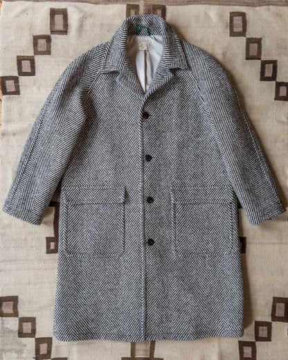 Raglan Wool Overcoat - Black/Cream Herringbone Tweed