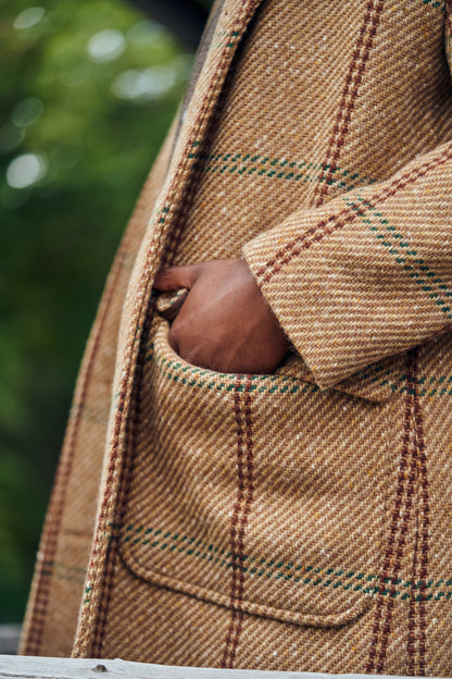 Shawl Collar Wool Overcoat - Rust and Evergreen Windowpane